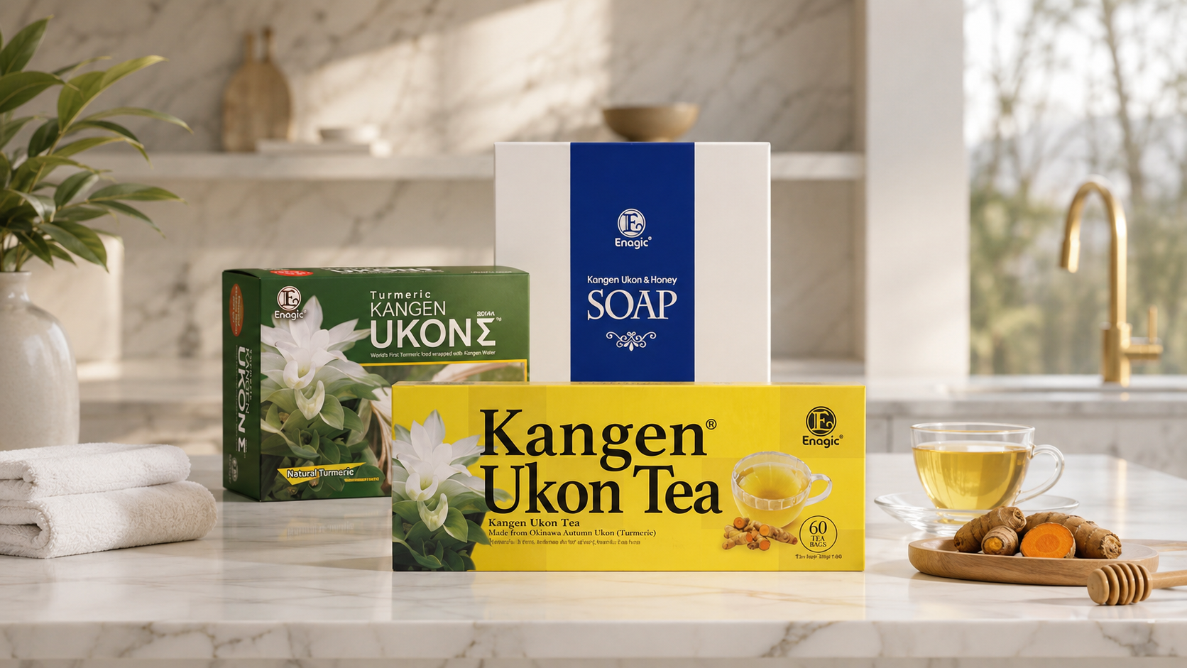 Ukon turmeric tea, capsules and soap on a marble kitchen counter