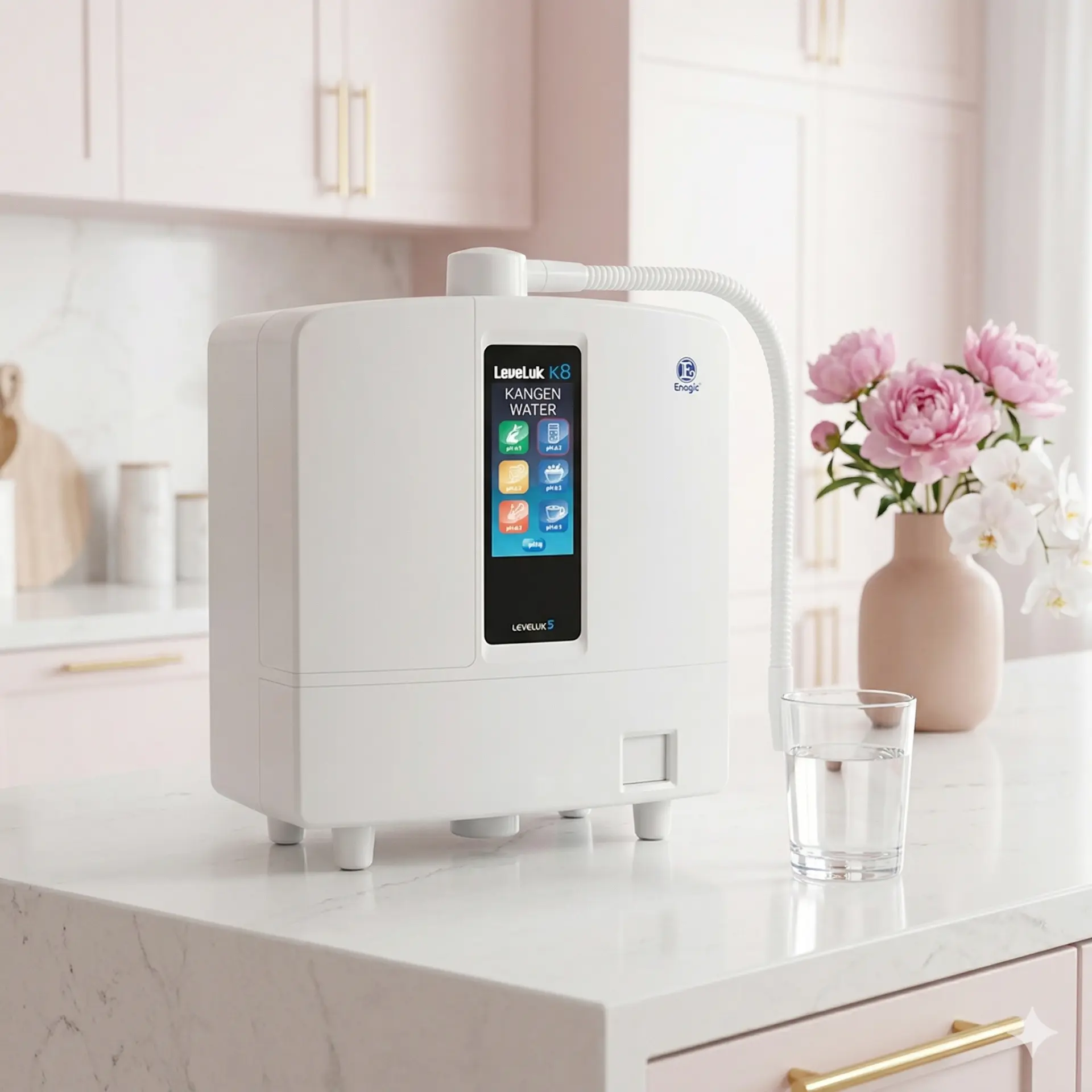 Enagic K8 water ionizer in a pink kitchen with fresh flowers