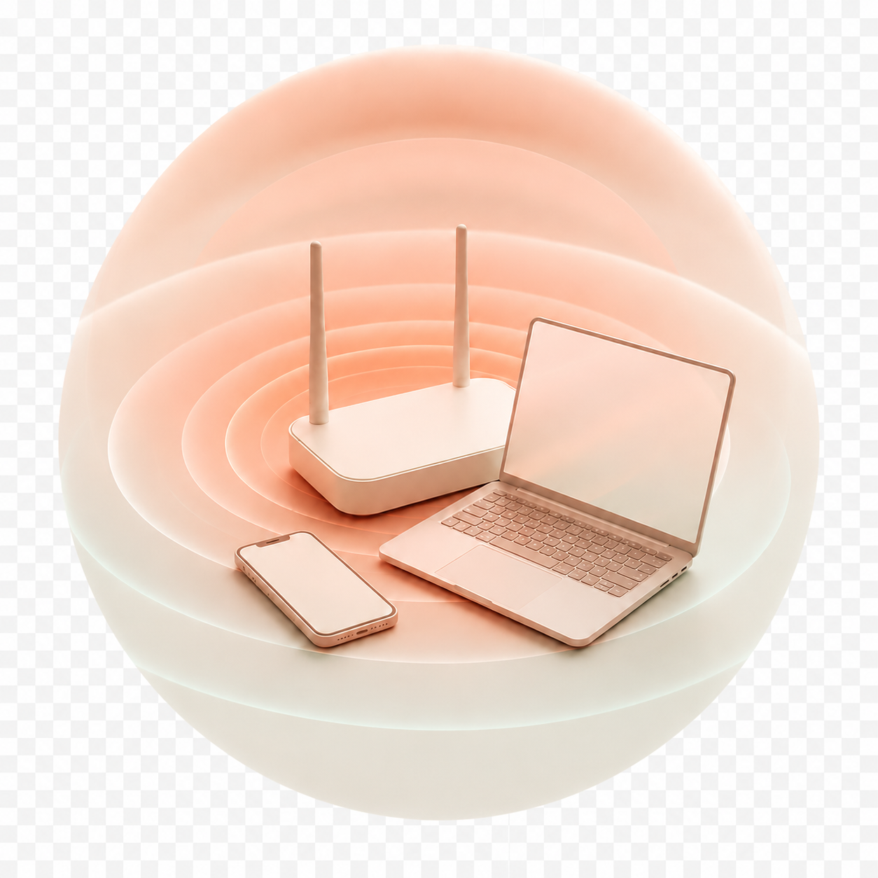 A Wi-Fi router, laptop and phone surrounded by soft EMF radiation rings