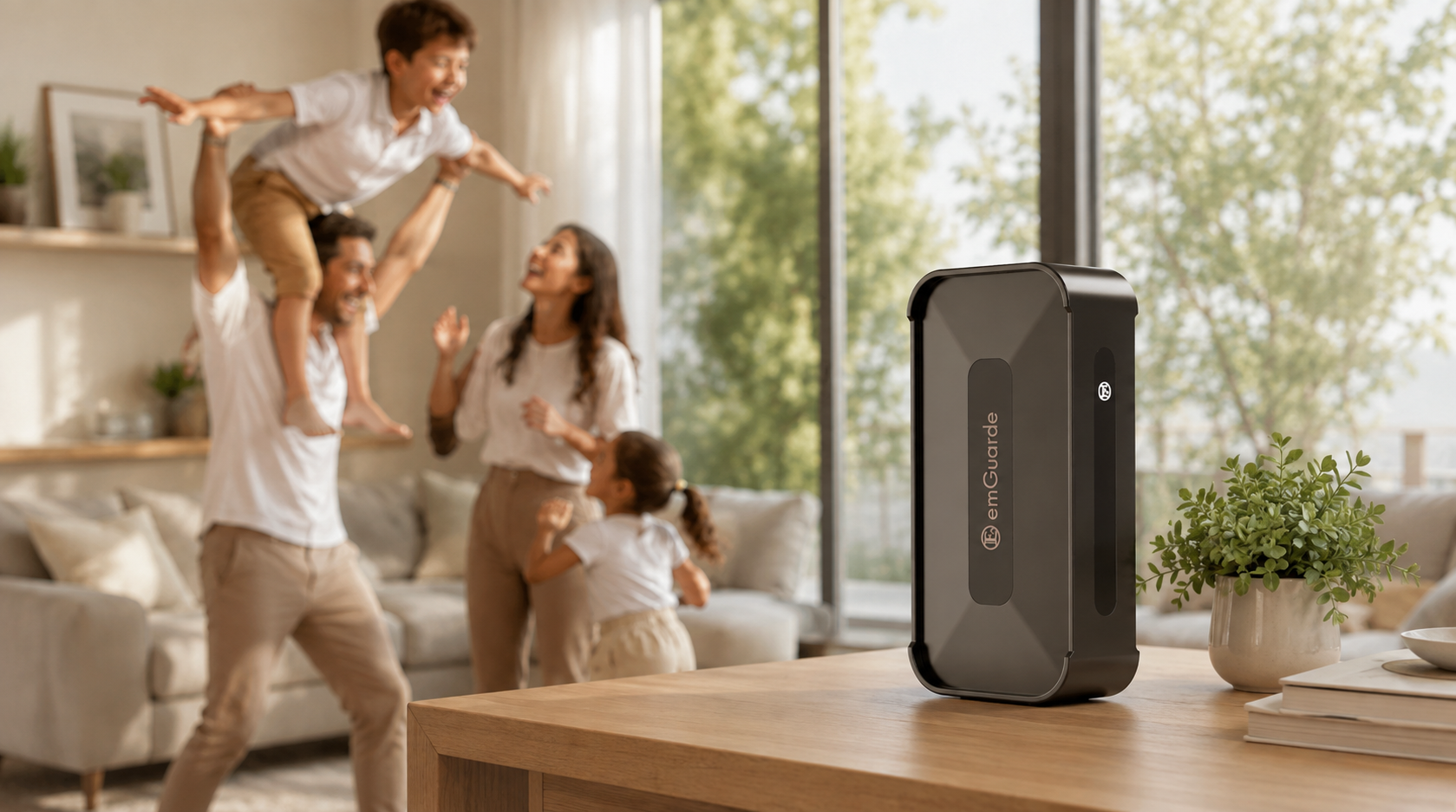 EMGuarde device on a table with a family in a bright living room behind it