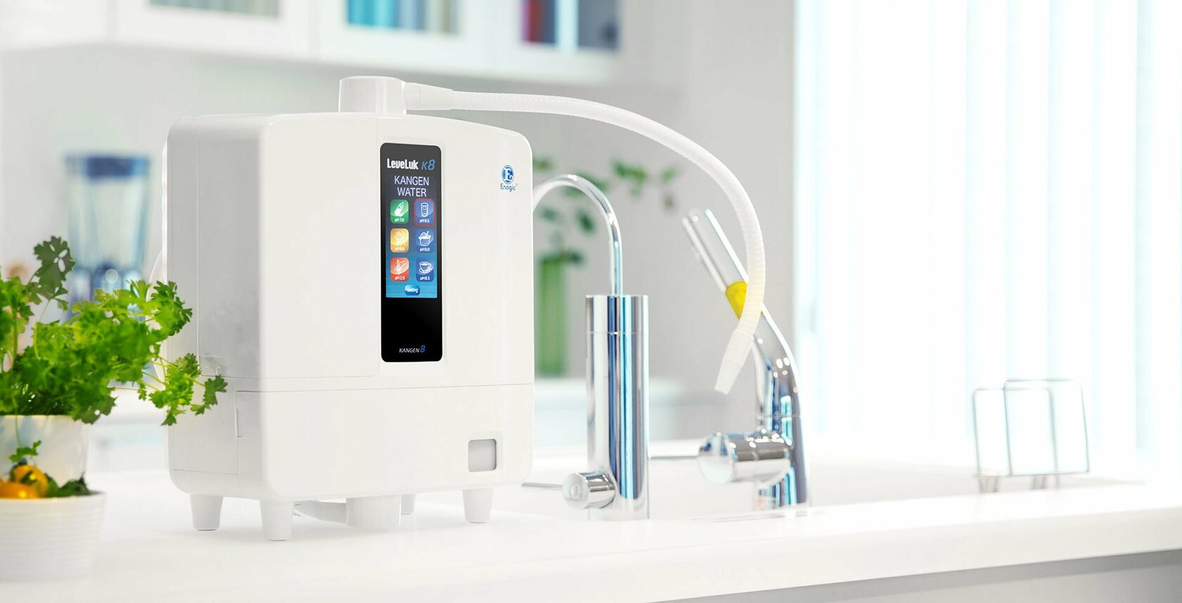 Enagic K8 water ionizer installed on a bright kitchen counter