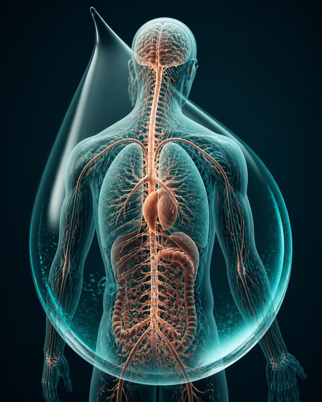 Illustration of the human body's internal systems behind a water drop
