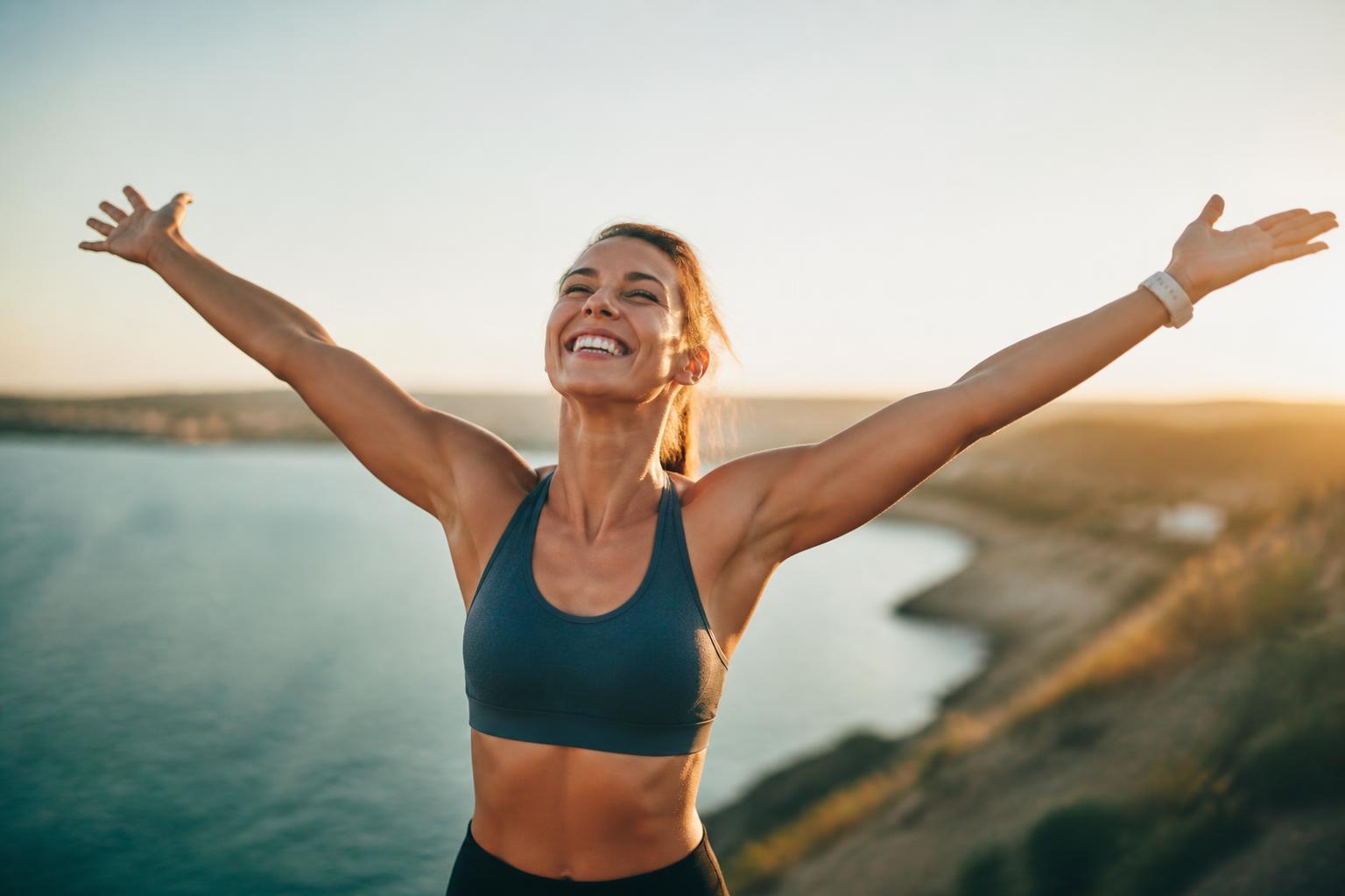 An athletic person throwing their arms into the air, energized and happy
