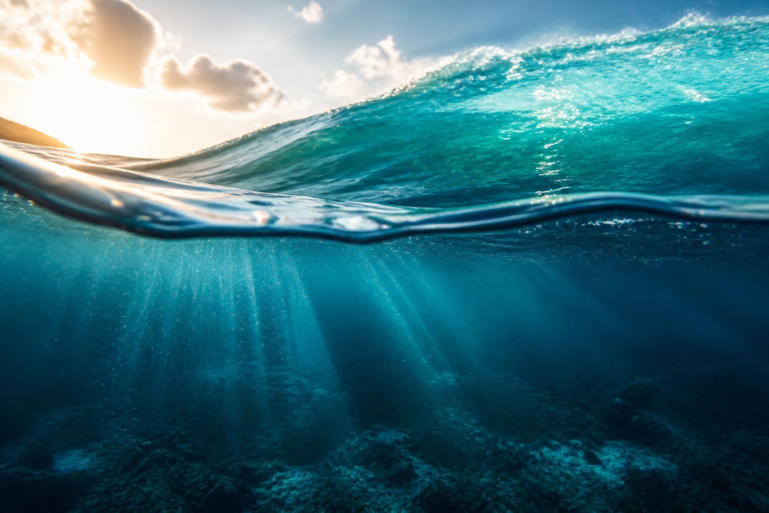 Ocean surface seen half above and half below the waterline